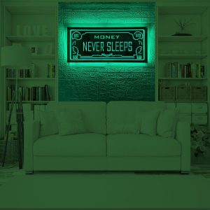Money Never Sleeps Golden Mirror Wall Decor with Green Neon Light